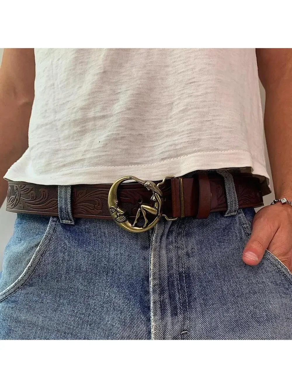 Half moon and Woman belt buckle brown belt. 44 inches length